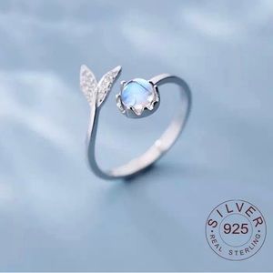 Sterling Silver Cute tail moonstone Personality Adjustable Ring F